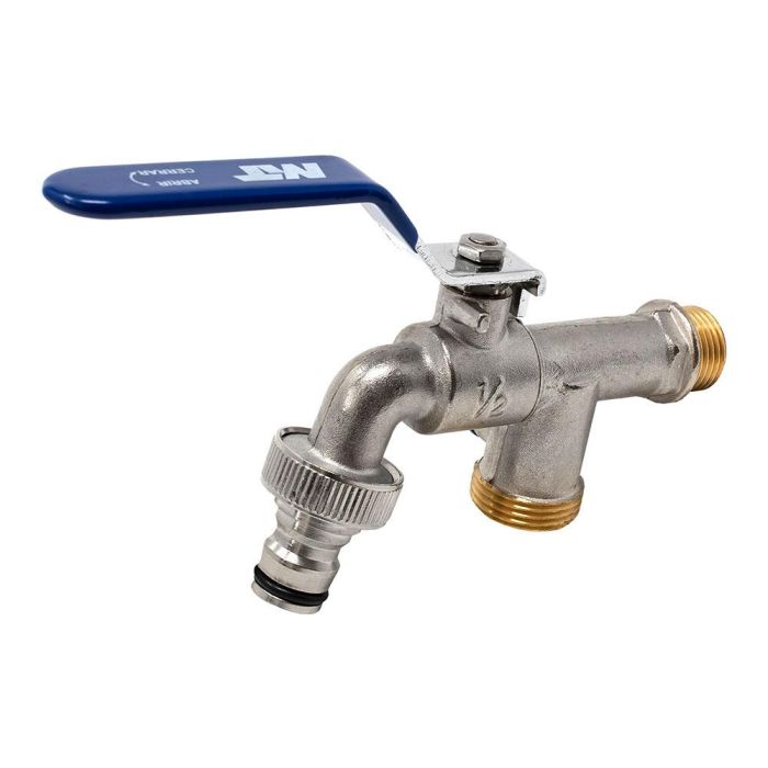 MT Grifo de Esfera para Jardín PN16 con Palanca de Acero Cromado, 1/2" x 2 Salidas 3/4", Cuerpo de Latón, Cierre Rápido y Sistema Antihielo