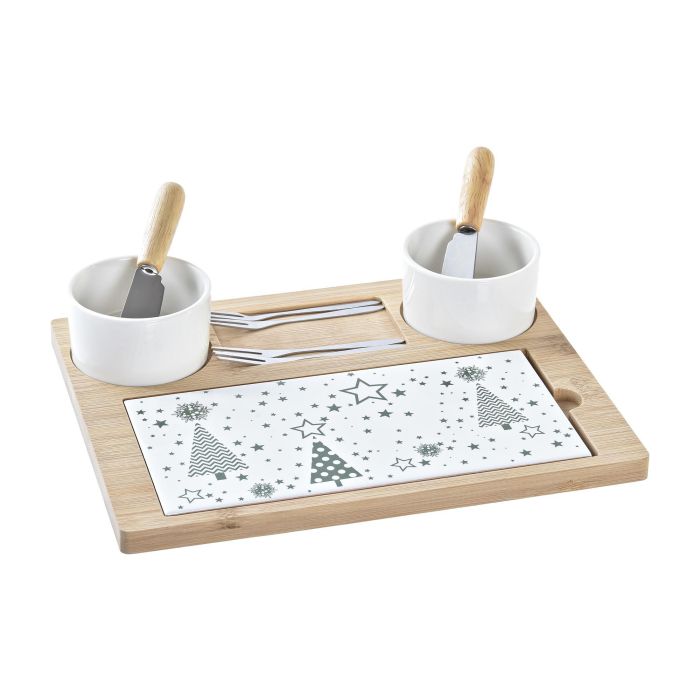 DKD Home Decor Tabla de Servir Aperitivos Navidad Tradicional Set de 10, Bambú y Gres, Verde Natural Blanco, 20x8x25 cm