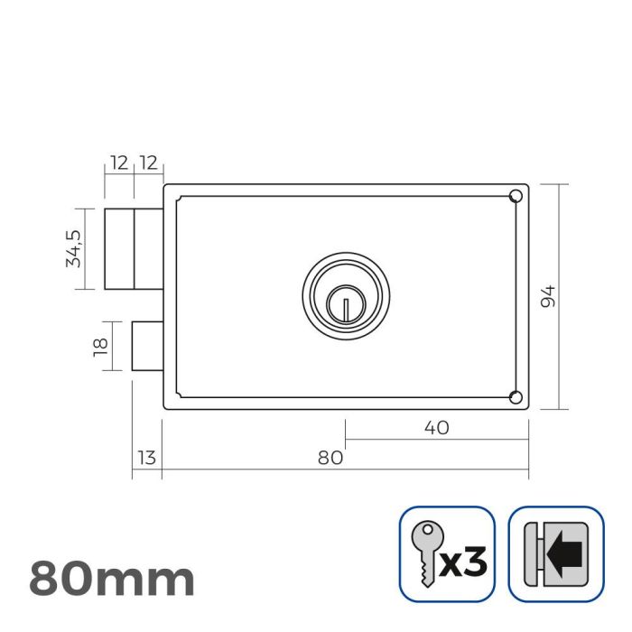 Cerradura izquierda 80 mm 3 llaves incluidas 1