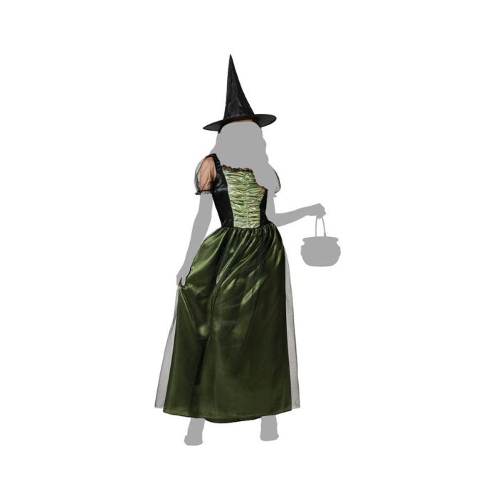 Disfraz Bruja Mujer Adulta Talla XL - Vestido Largo Verde Satinado con Mangas Vaporosas y Sombrero Puntiagudo para Halloween 4