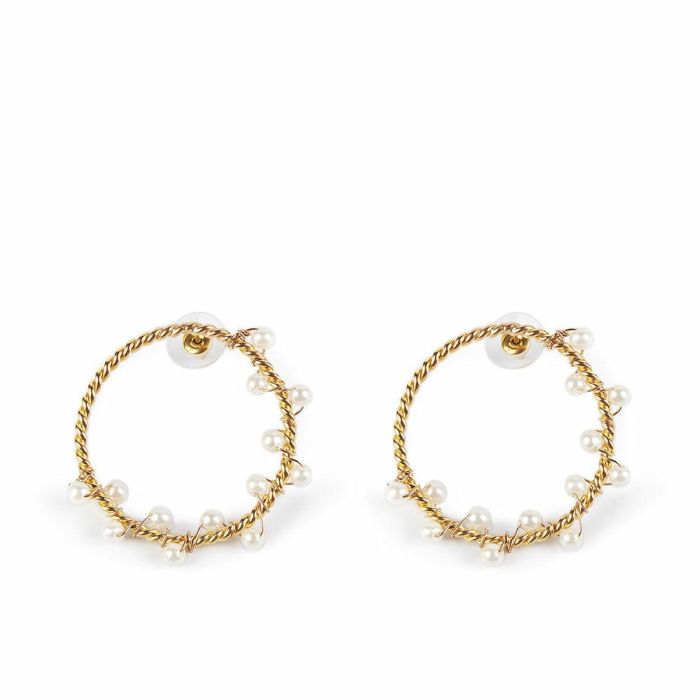 Shabama Pendientes SHIMA de Mujer con Perlas Akoya, Diseño Aro Trenzado de 4cm y Detalles Bordados en Hilo Dorado Oro Brillo