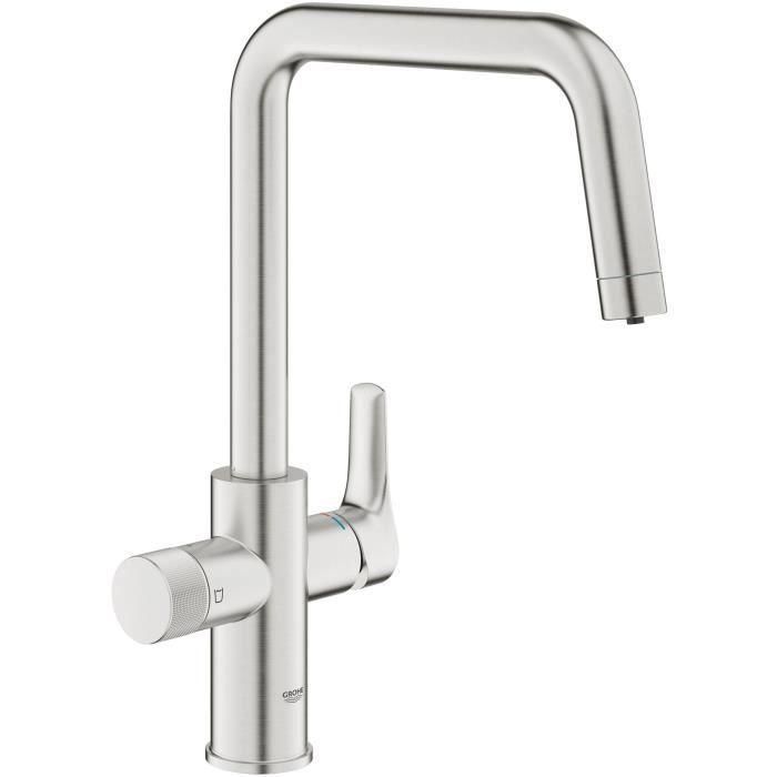 GROHE 30595DC0 Grifo Cocina con Filtro de Agua Supersteel, Caño Alto en U, Rotación 150°, Blue Pure Start