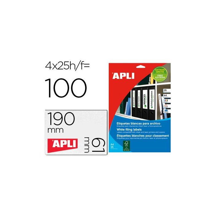 Apli Etiquetas Adhesivas Para Archivo 190x61 mm Inkjet-Láser C-Romos 4 X 25H Blanco