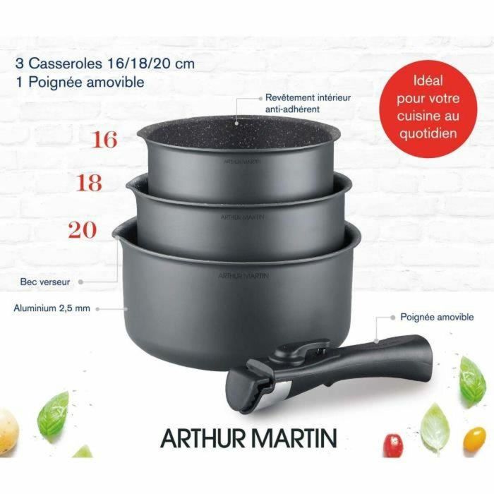 Arthur Martin AM777GM Batería de Cocina 3 Sartenes 16-18-20 cm Gris Mate Antiadherente Inducción Mango Extraíble Aluminio 2