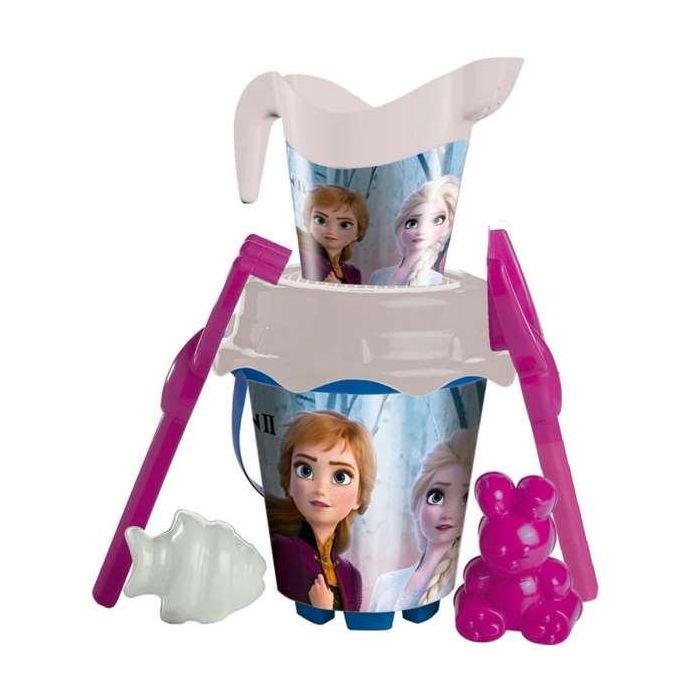 Cubo playa castillo frozen 2 con cedazo, pala,rastrillo y regadera y moldes 18 cm . 1