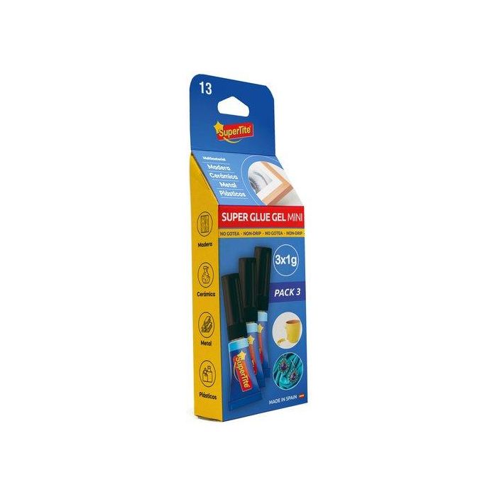 Supertite Adhesivo instantáneo gel A2513 - 3 x 1 g, para metal, porcelana, plástico, goma, vidrio, madera - Bricolaje e industria