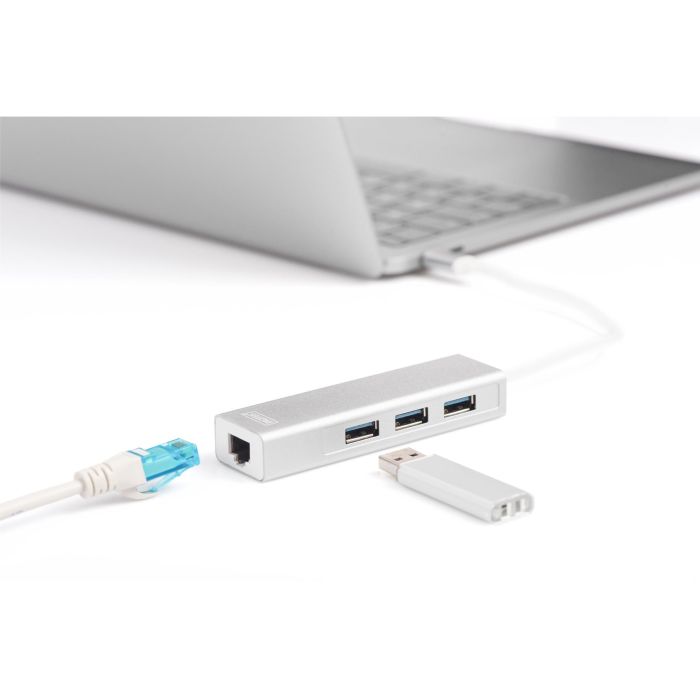 Digitus Adaptador USB 3.0/C a Gigabit Ethernet y Hub de 3 Puertos USB 3.2 Gen 1 Blanco 1