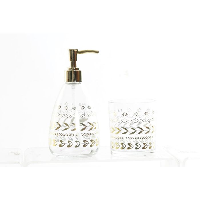DKD Home Decor Set 2 Dispensadores Jabón Líquido Baño Glam Cristal ABS Dorado con Detalles de Hojas. Medidas 9x18x9 cm, 400ml