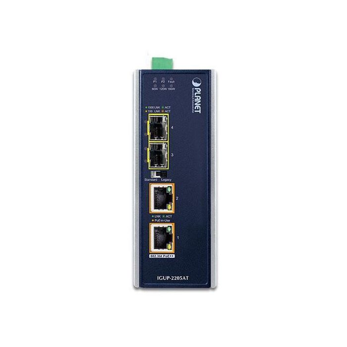 Planet IGUP-2205AT Convertidor de Medios Industrial Gigabit Ethernet a SFP 100/1000X, 2 Puertos 10/100/1000T PoE++ 802.3bt, -40 a 75°C 1
