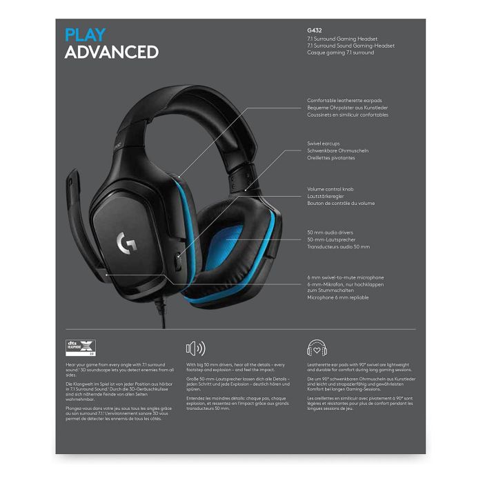 Logitech G432 Auriculares Gaming USB 2.0 Jack 3.5 Micrófono Negros DTS Headphone:X 2.0 7.1 Surround Sound 8