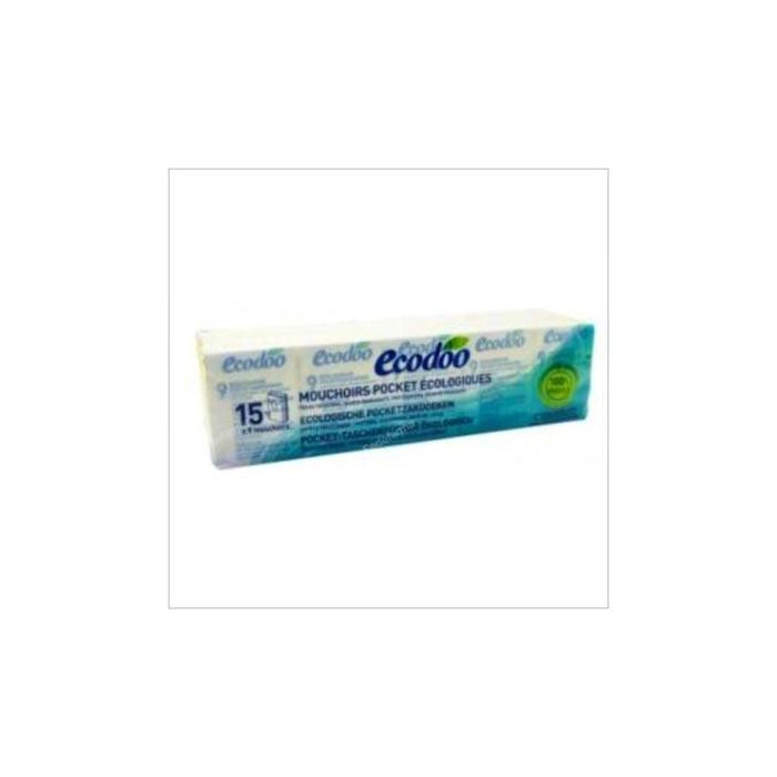 ECODOO Pañuelo de Bolsillo Triple Capa, Fibras 100% Recicladas, Suave y Resistente, Blíster Biodegradable, 15 Unidades