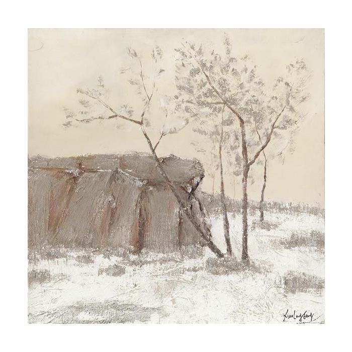 DKD Home Decor Cuadro 100% Pintado a Mano sobre Lienzo, Estilo Cottage con Árboles, Gris Beige Blanco 100x100 cm - Set de 2 Cuadros 1
