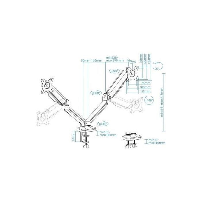 TooQ DB5132TNR-B Soporte de Mesa para 2 Monitores 17-32" hasta 9kg, Giratorio, Inclinable, VESA 75x75 100x100, Negro 4