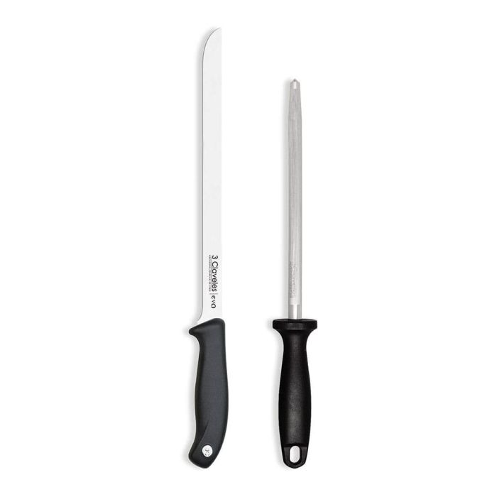 3 Claveles Cuchillo jamonero Evo 25 cm Hoja Flexible Acero Inox + Chaira para lonchas finas y corte fácil