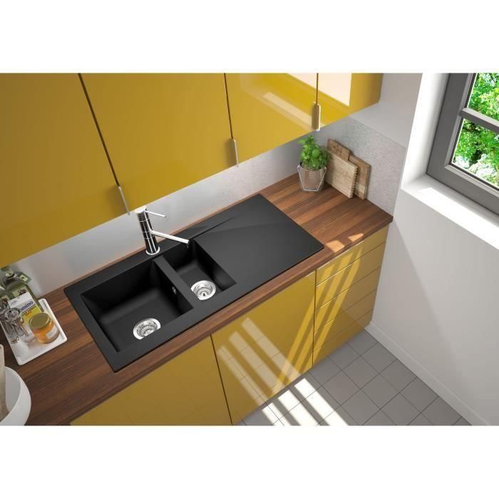 Fregadero de cocina encastrable STRADOUR 1,5 senos + 1 escurridor Einna - Resina - 100 x 50 cm - Negro 1