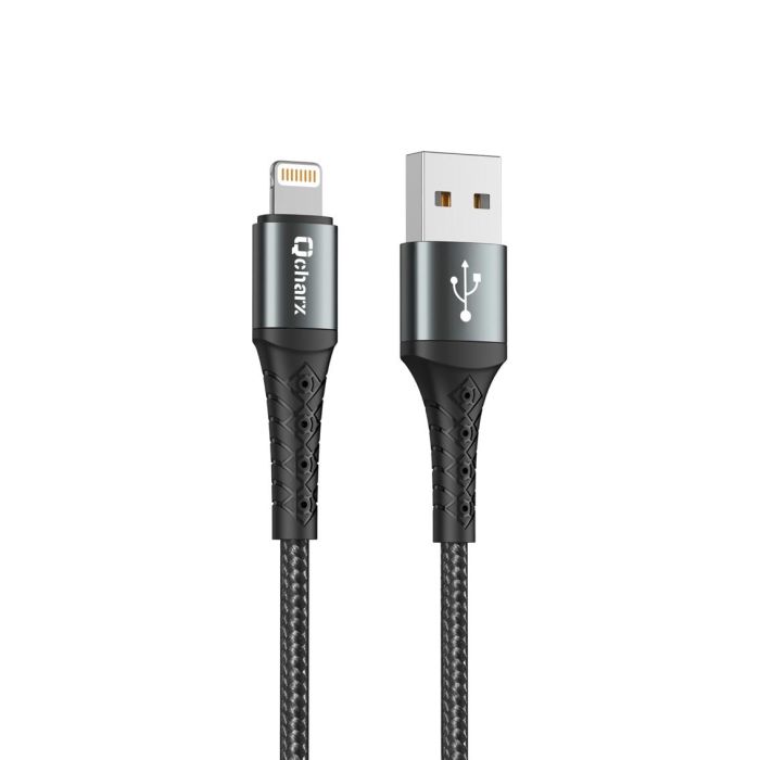 Qcharx Cable Lyon USB A Lightning - Carga rápida 3A, transferencia datos, 1m, cabezal reforzado anti-rotura, aluminio