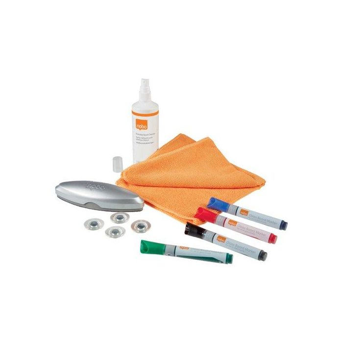 Nobo Kit de Iniciación para Pizarra de Cristal Incluye Borrador, 4 Imanes y 4 Rotuladores