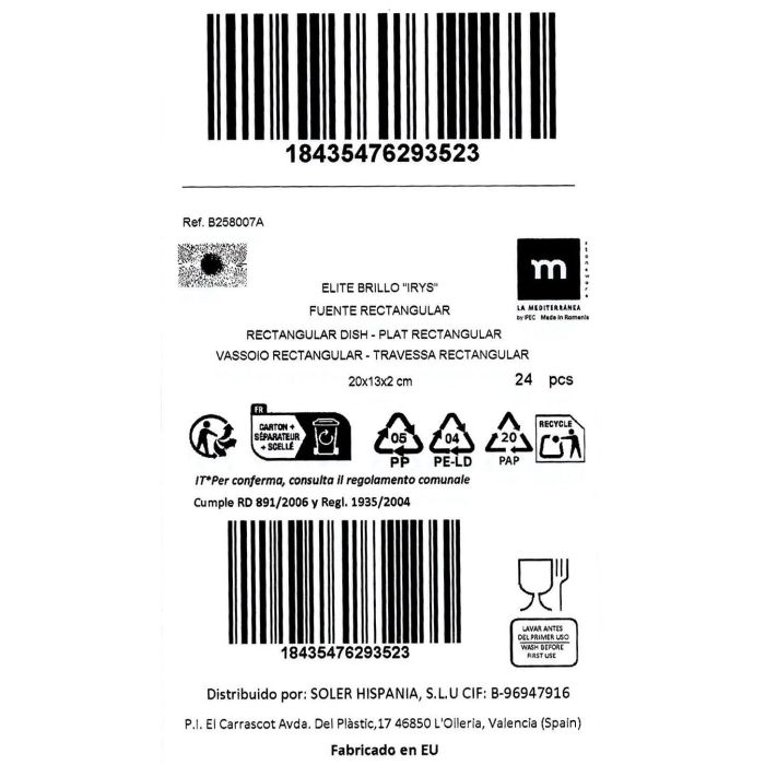 La Mediterranea Bandeja Rectangular Irys 20 x 13 cm (24 Unidades)