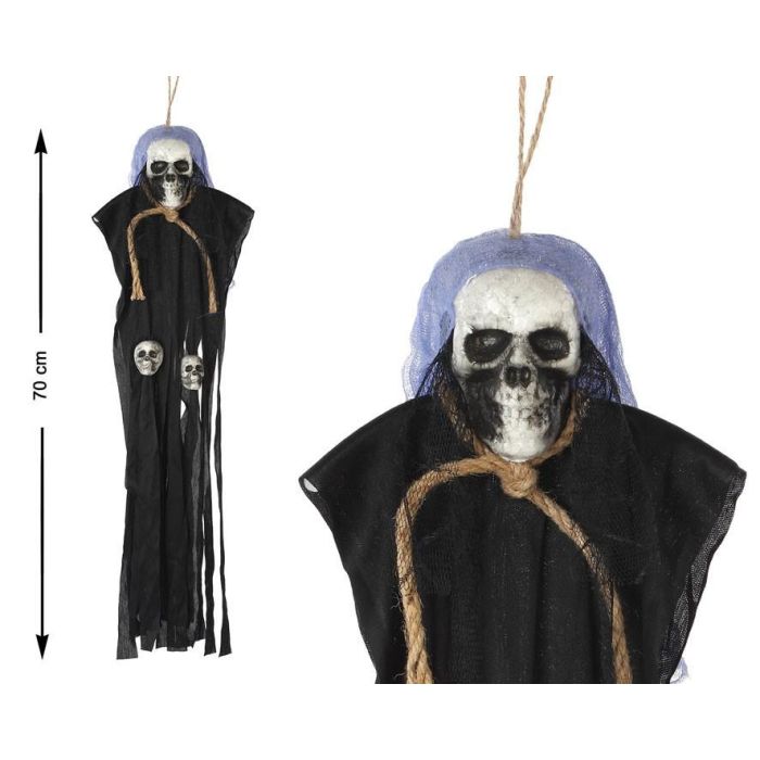Colgante Esqueleto Calavera 70 cm con Capa Negra y Detalles de Cráneos - Decoración Halloween