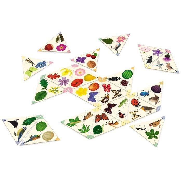 Nathan Juego de Aprendizaje Dominó Tridomino Du Jardin. Descubre y combina hojas, flores, frutas, insectos y pájaros. Juego educativo ilustrado. 1