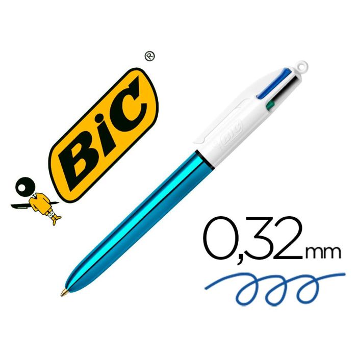 Bic Bolígrafo 4 Colores Shine Silver Cuerpo Blanco-Azul Metálico Caja 12 Ud