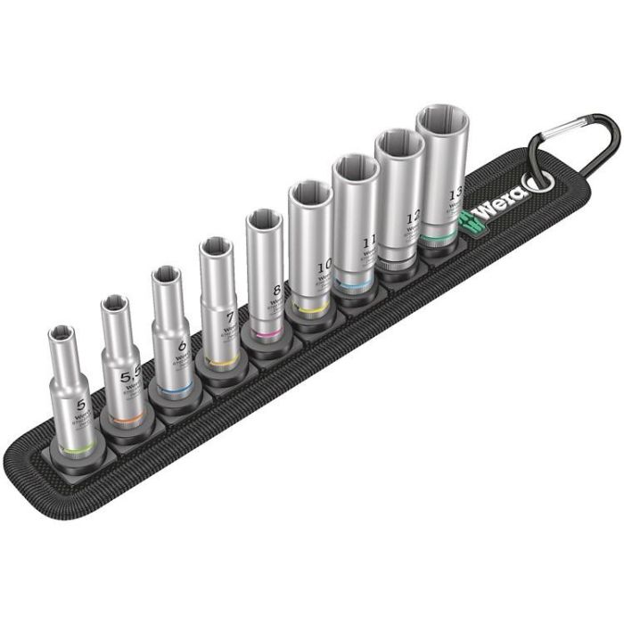 Wera 05004525001 Juego de Enchufes Belt A Deep 1 de 1/4" Métrico, 9 piezas: 5.5, 6, 7, 8, 10, 11, 12, 13 mm, 50 mm