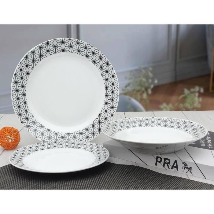 Servicio de mesa 18 piezas en porcelana formas geométricas en blanco y negro Servicio de mesa 18 piezas en porcelana formas geométricas en blanco y negro