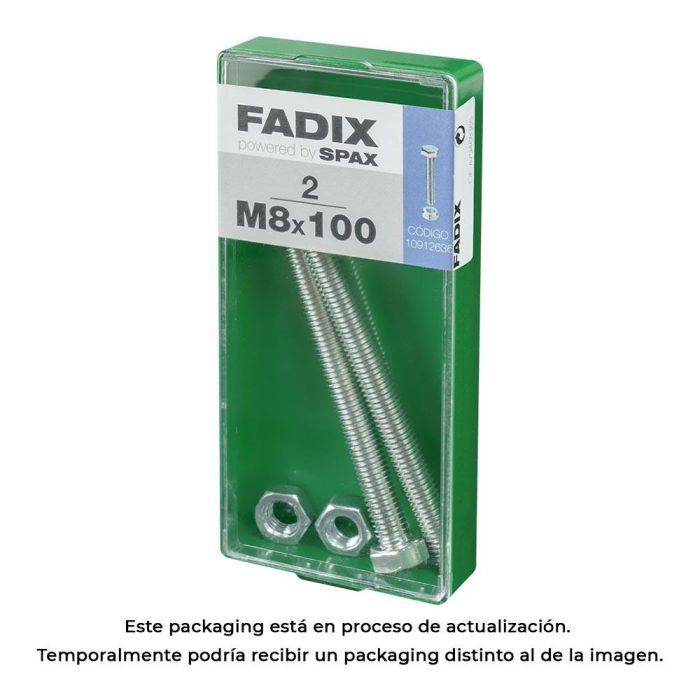 Fadix Tornillo de Rosca Métrica M8x100mm con Tuerca, Cabeza Hexagonal, Acabado Cincado, Caja de 2 Unidades