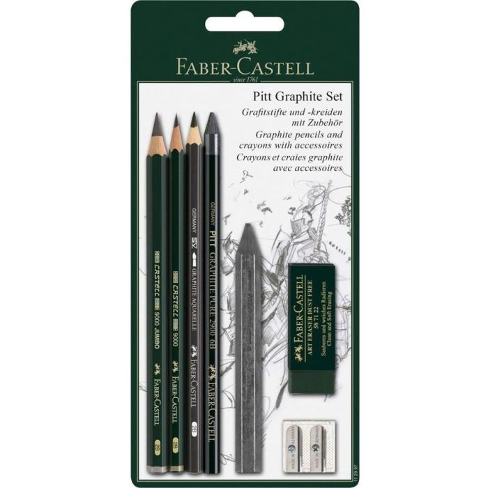 FABER-CASTELL 112997 Set Pitt Graphite Multi: Negro, Verde, Gris con Sacapuntas y Borrador - 7 piezas Blister