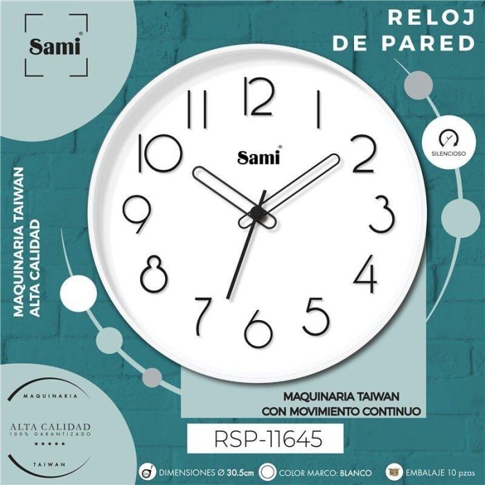 SAMI - Reloj de Pared Redondo de 30 cm, Blanco con Relieve, HQ Taiwan