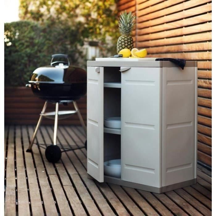 Plastiken Armario bajo TITANIO 2 puertas con estantes, de resina para interior y exterior, 70x44x88 cm Beige/Gris Pardo 2