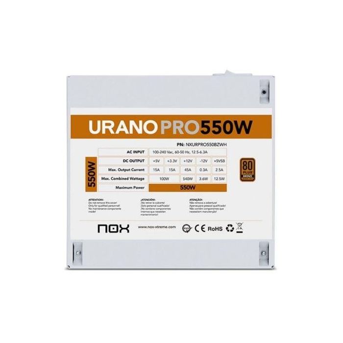 Fuente de Alimentación Nox Hummer Urano Pro White/ 550W/ Ventilador 12cm/ 80 Plus Bronze 4 Fuente de Alimentación Nox Hummer Urano Pro White/ 550W/ Ventilador 12cm/ 80 Plus Bronze 4