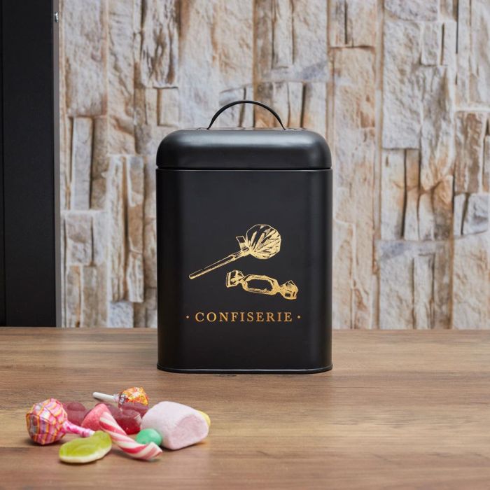 Cook Concept Bote Metal "Confiserie" Lounge Negro Mate con Ilustraciones Doradas 14,5x14,5x22 cm 1