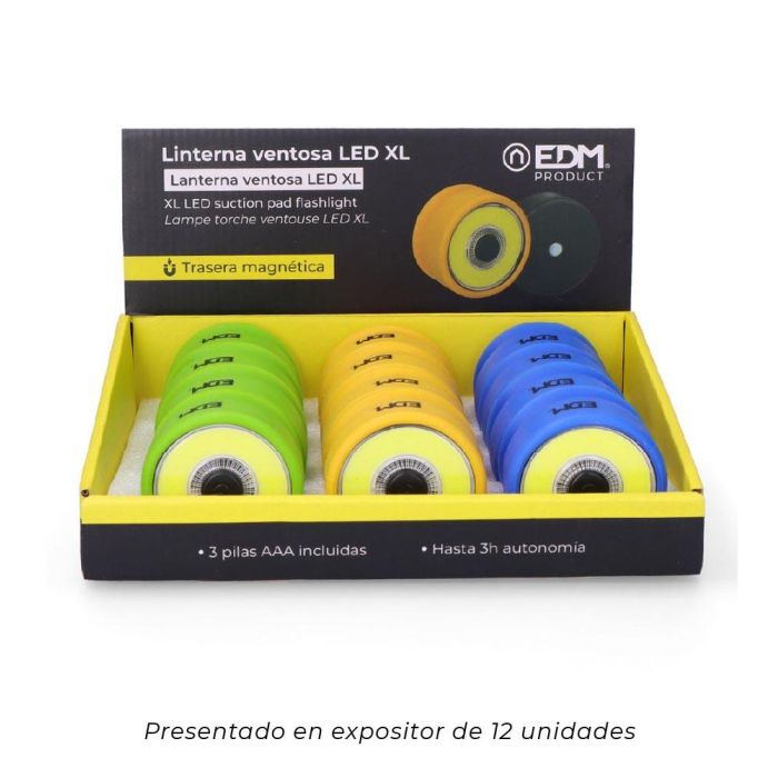 Edm Linterna LED XL con Ventosa e Imán, 3W 150LM, Colores Surtidos (Azul, Verde, Amarillo), Pilas Incluidas 5 Edm Linterna LED XL con Ventosa e Imán, 3W 150LM, Colores Surtidos (Azul, Verde, Amarillo), Pilas Incluidas 5