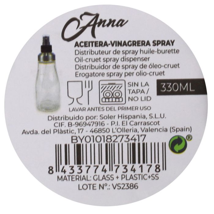 Anna Aceitera y Vinagrera en Spray, Botella de 330 ml para Cocina, 20.1 cm de Alto (12 Unidades)
