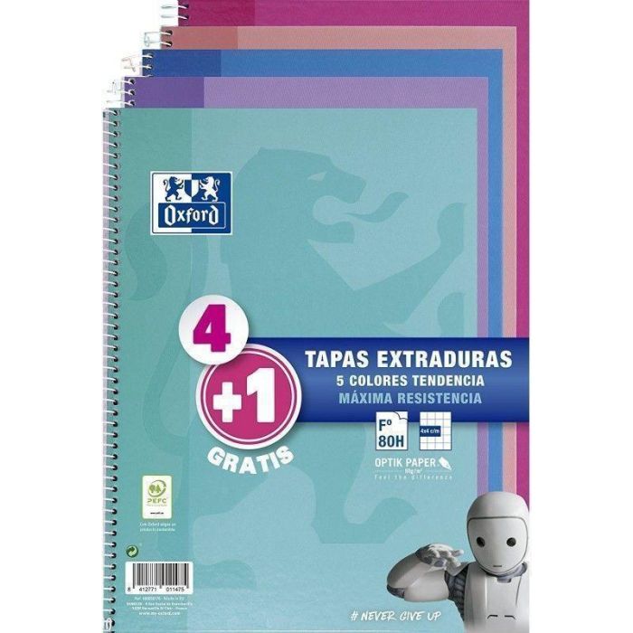 Oxford Cuaderno Espiral Write&Erase 80H Folio 4x4 mm C-Margen Tapa Extradura Pack 4+1 Ud C-Surtidos Tendencia