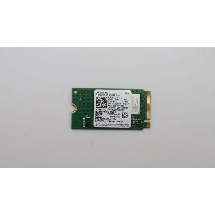Lenovo M.2 2242 solid-state drive, 512GB capacity, PCIe 4x4 interface, optimized for high-speed data transfer, OPAL certified. Lenovo M.2 2242 solid-state drive, 512GB capacity, PCIe 4x4 interface, optimized for high-speed data transfer, OPAL certified.