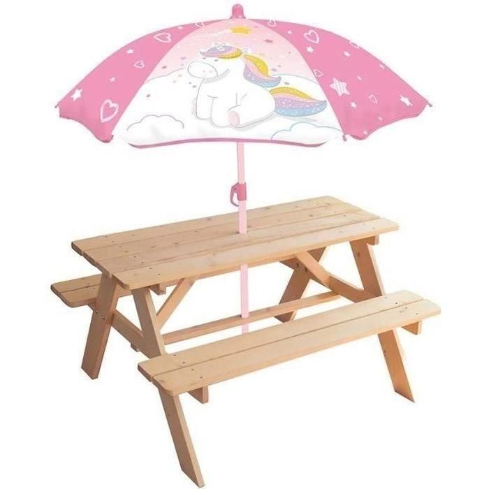 Mesa de picnic de pino Unicornio con sombrilla - FUN HOUSE - Al.53 x L.95 x P.75 cm - Para niños Mesa de picnic de pino Unicornio con sombrilla - FUN HOUSE - Al.53 x L.95 x P.75 cm - Para niños