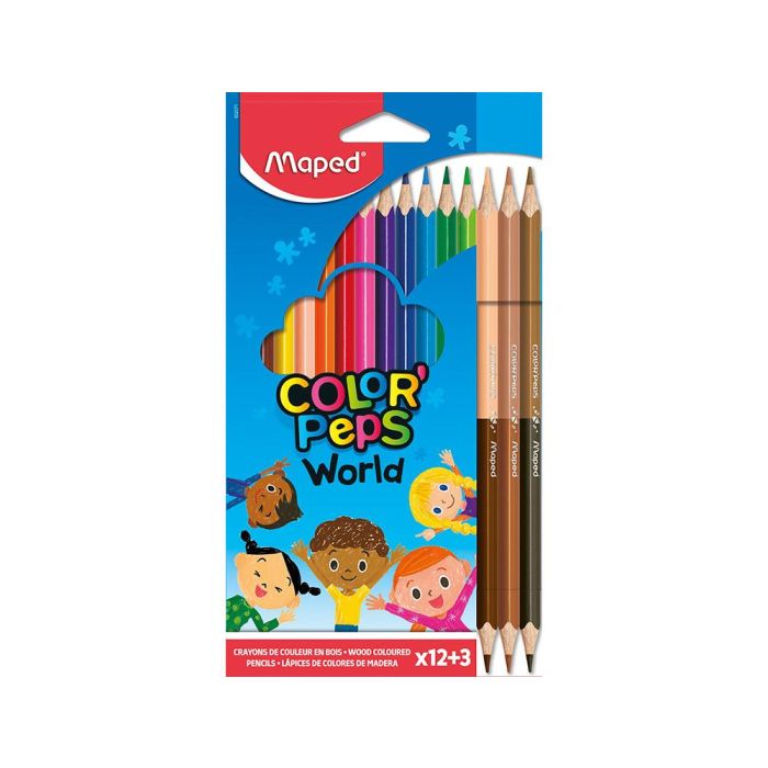 Lapices De Colores Maped Color Peps World Caja De 12 Colores Surtidos + 3 Duo Tonos De Piel 1