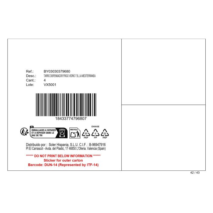 Inde Tarro Dispensador Frigo de Vidrio 7.5 Litros - Capacidad 7.5L, Medidas 23 x 23 x 20.5 cm (4 Unidades)