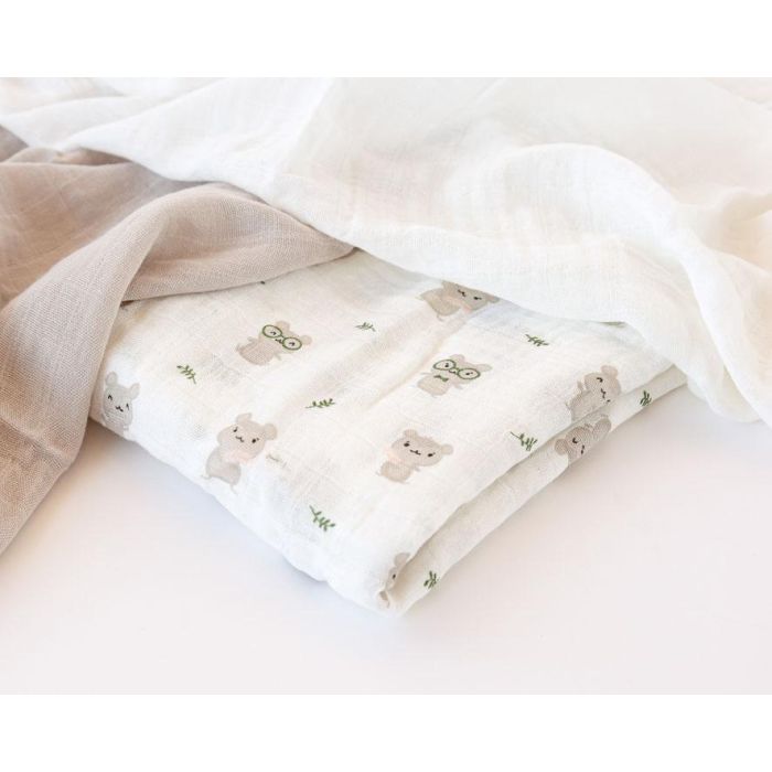 Set De 3 Muselinas Gris, Blanco Y Estampado Ratoncitos 70x70 cm