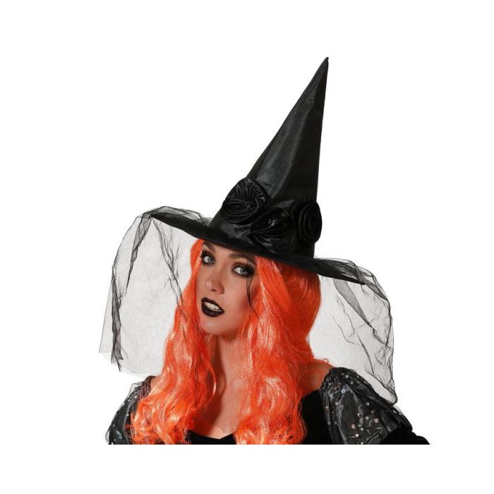 Sombrero De Bruja Con Rosas Negras Y Velo Halloween Sofisticado