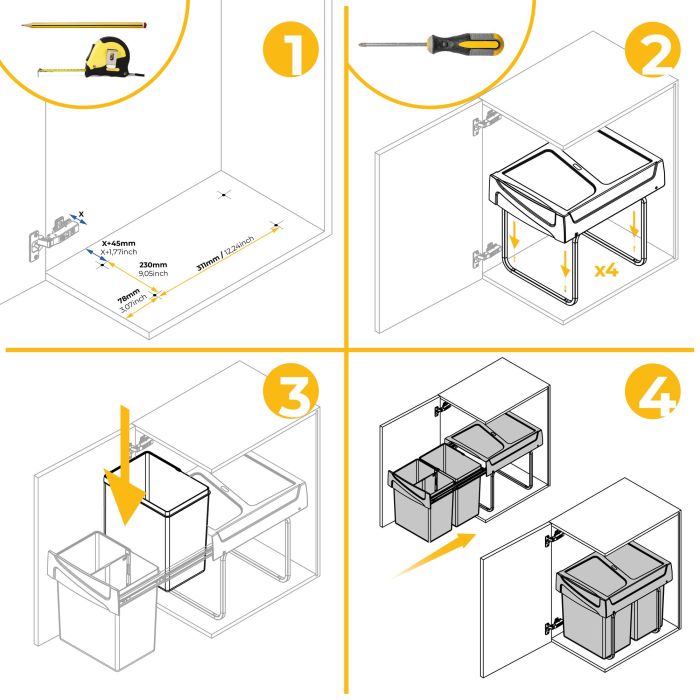 Emuca Contenedor de reciclaje para fijación inferior y extracción manual en mueble de cocina Recycle 2x20litros, Plástico gris antracita 7