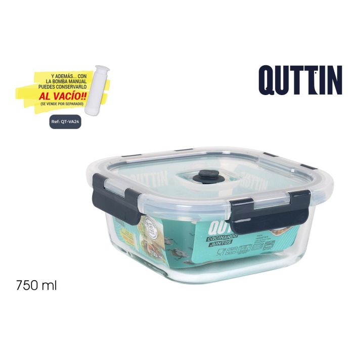Quttin Fiambrera Cuadrada con Tapa, 750 cc, 16.5 x 16.5 x 6.9 cm (6 Unidades)