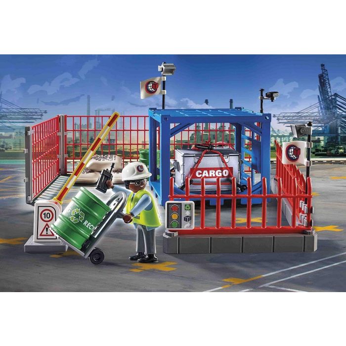 Playmobil Depósito de Carga con valla, barrera y módulo contenedor, incluye figura y accesorios 1