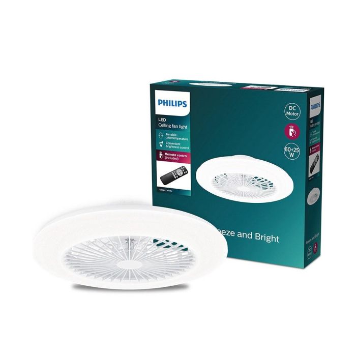 Philips Amigo - Ventilador de techo con luz LED 3CCT, 60W, 6500lm, 3000-6500K, motor DC 25W, mando a distancia, 6 velocidades, temporizador, función inversa, blanco, Ø57.5 cm