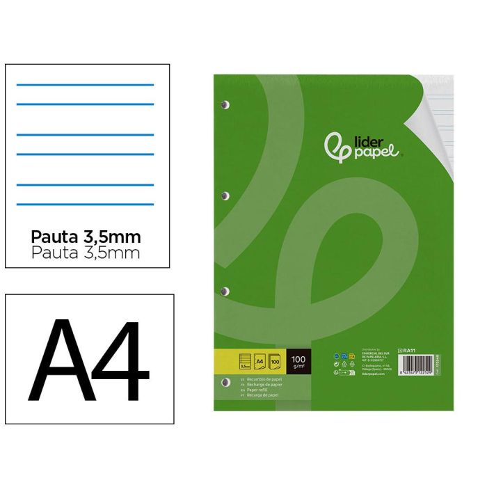 Recambio Liderpapel A4 100 Hojas 100 gr-M2 Pauta 4 3,5 mm Con Margen 4 Taladros