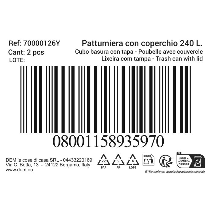 Inde Cubo Basura con Tapa 240 L Negro/Amarillo 60 cm (Ancho) x 105 cm (Alto) x 78 cm (Largo) (2 Unidades) 1