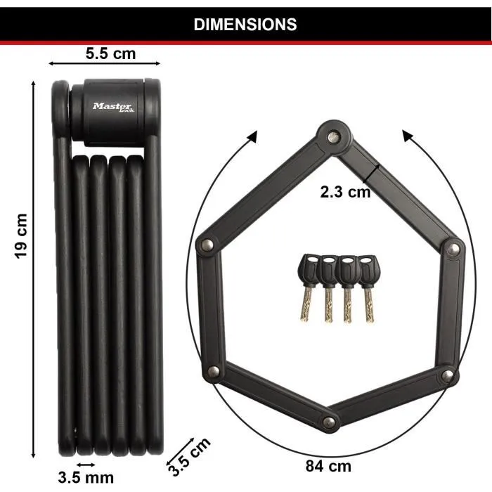 Master Lock Candado Plegable para Bicicleta 8335EURDPRO - Acero Endurecido, 4 Llaves, Soporte Incluido 1