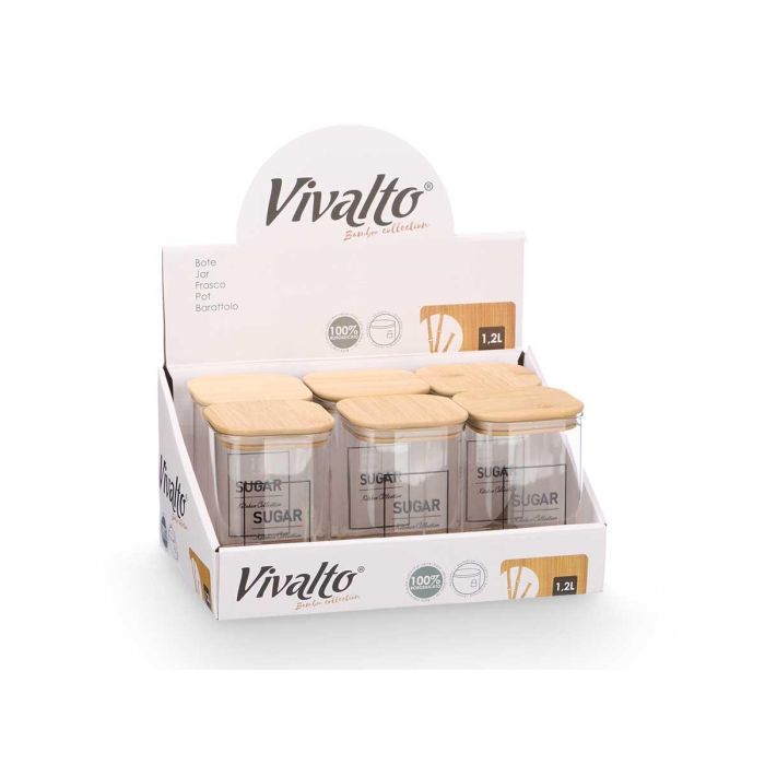 Bote Cuadrado Borosilicato Tapa Bambu Sugar 1,2L Vivalto 10X15CM (12 Unidades) 1 Bote Cuadrado Borosilicato Tapa Bambu Sugar 1,2L Vivalto 10X15CM (12 Unidades) 1